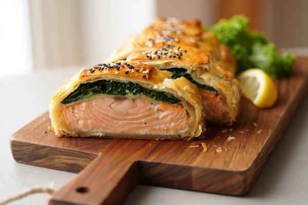 Lachs und würziger Spinat im Blätterteig