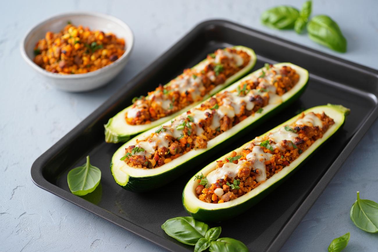 Überbackene Zucchini-Schiffchen mit Hackfleisch